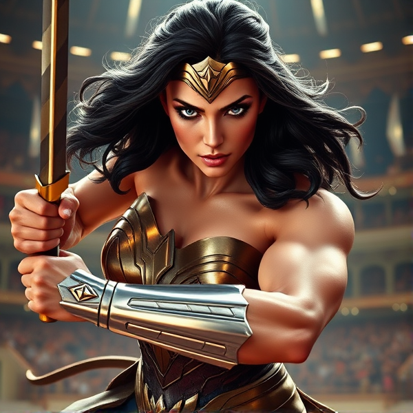 Wonder Woman au sommet de son élan combatif, visualisée dans un rendu 3D hyper-réaliste qui frise la perfection photographique, avec des reflets lumineux spectaculaires sur une armure métallique finement ciselée, révélant les nuances subtiles de la matière et l'éclat du métal. Ses muscles sont saillants, détaillés à l'extrême pour illustrer la puissance explosive de chaque frappe, tandis que ses mouvements fluides mais pleins de tension témoignent d'une urgence critique dans ce combat haletant. Son visage est le théâtre d'une concentration imperturbable, avec des yeux d'un bleu perçant qui expriment toute la détermination inébranlable du guerrier qu'elle incarne. Sa chevelure ondule avec une grâce naturelle et une simulation de mouvement tellement réaliste qu'elle semble presque animée par un vent invisible. La scène se déroule sur un arrière-plan d'une arène mythologique richement décorée aux textures variées et complexes qui évoquent l'épopée des grandes batailles antiques. L'éclairage est conçu avec une précision chirurgicale pour mettre en valeur chaque texture et motif complexe qui orne son costume et ses accessoires authentiques, afin d'incarner avec fidélité l'esprit héroïque du personnage légendaire.