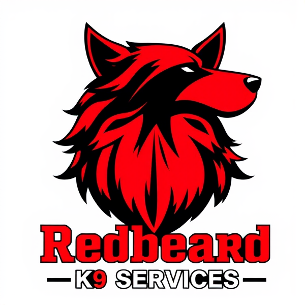 Create a professional and dynamic logo for "Redbeard K9 Services" that combines a stylized, majestic red beard with the silhouette of a noble, strong, and loyal dog. The design should convey power and faithfulness, appropriate for a company's branding and corporate identity. The logo must feature a rich red color scheme for the beard with black and white elements to ensure contrast and visual impact. The company name should be displayed in a bold, authoritative yet welcoming font below the image.