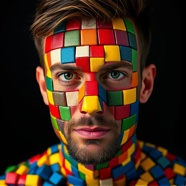 a man whos whole face and body is made out of rubix cube