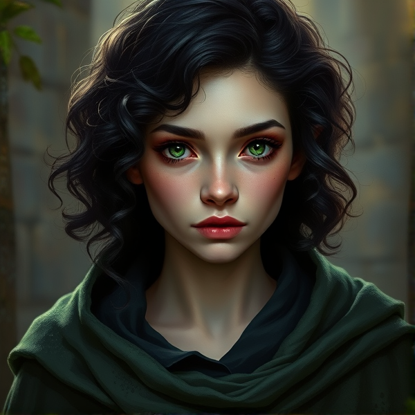 Female elf with curly black hair pale skin and piercing green eyes wearing a dark medieval green cloak