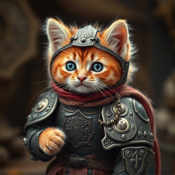 Fluffy kitten in ancient battle armour