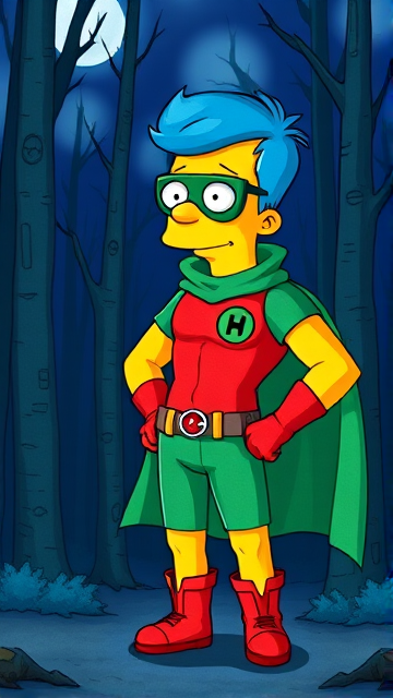 Milhouse Van Houten from The Simpsons, with his yellow skin, really big round nose, and blue hair that's slicked back and curled up at the top, but as an 18-year old teenager, dressed as a parody of Robin, The Boy Wonder, with an extremely muscular torso and arms, a green bodysuit with a red torso adorned with a green H symbol on his chest, a grey utility belt, red boots, red long-cuffed gloves, a big, heel-length long, ultra-wide green cape around his neck held up by a silver triangle pin, and a green eye mask with optical lenses in it, now known as Houseboy, The Nerd Wonder, the other half of Springfield's Dynamic Duo, and one of the greatest vigilante superheroes ever known in Springfield. He is currently standing in the forest at night, taking a break from his heroic duties to reflect on his growth and transformation into the vigilante he has become.