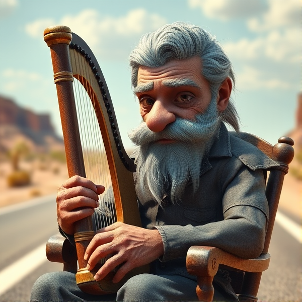 Create a highly detailed 3D rendering of an aged Chicago blues singer with long, unkempt gray hair and a thick beard, muscles. Torn clothes like he has been in a fight. Sitting on a rocking chair in the middle of a desert highway. hold a harp