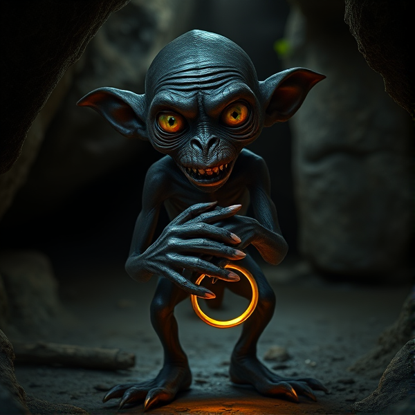 Make a photo of gollum from lord of the rings. He is about 3 feet tall, and is a skinny creature with black skin, only six teeth, and two large, luminous eyes. He has cold clammy hands and webbed feet. He stands in an underground cave, and strokes a small, golden ring in his hands.