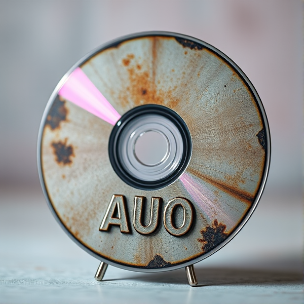 A weathered, oxidized compact disc with intricately etched "AUO" letters, placed just below centre. The CD is angled to catch the light, emphasizing its rustic texture.