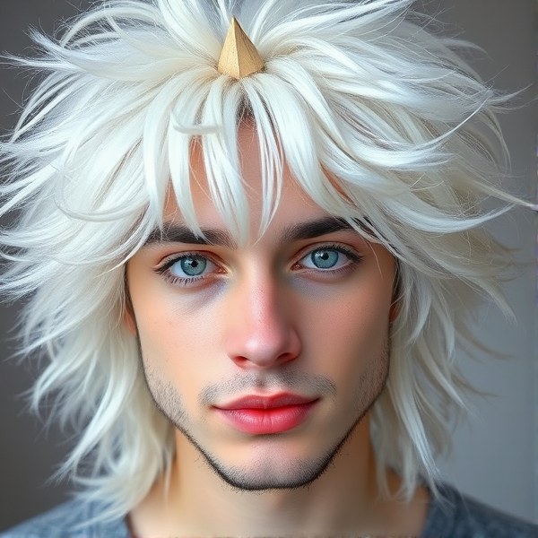 I have fluffy white hair with some silver streaks in them and my eyes are a soft muted purple color. I’m am about 5’7-5’8 my face is soft and a little feminine I am male