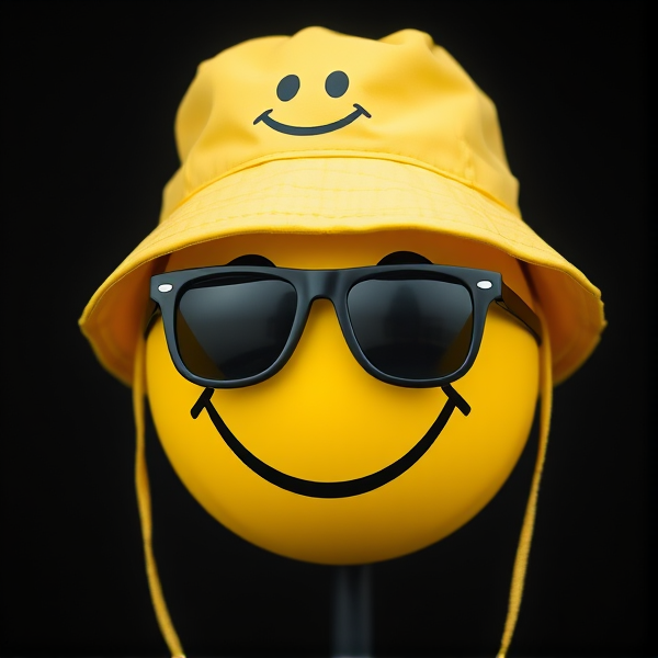 A yellow smiley face wearing a yellow bucket hat with a smiley face on it and black shades
