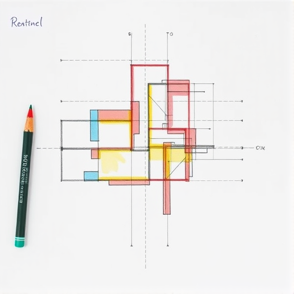 diagram sketch in pencil in the style of Le Corbusier with colors