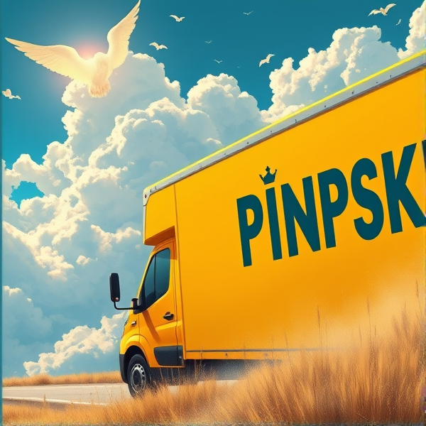 In heaven, all yellow moving truck that says the word "PIMPSKE" ON THE SIDE of trailer, black driver waving out window, truck is driving into heaven