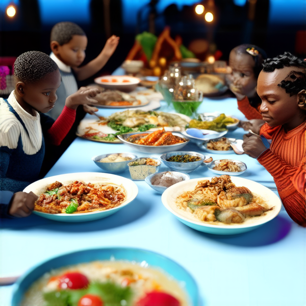 Repas de famille afro-américaine traditionnel, réunis autour d'une grande table avec des plats faits maison typiques