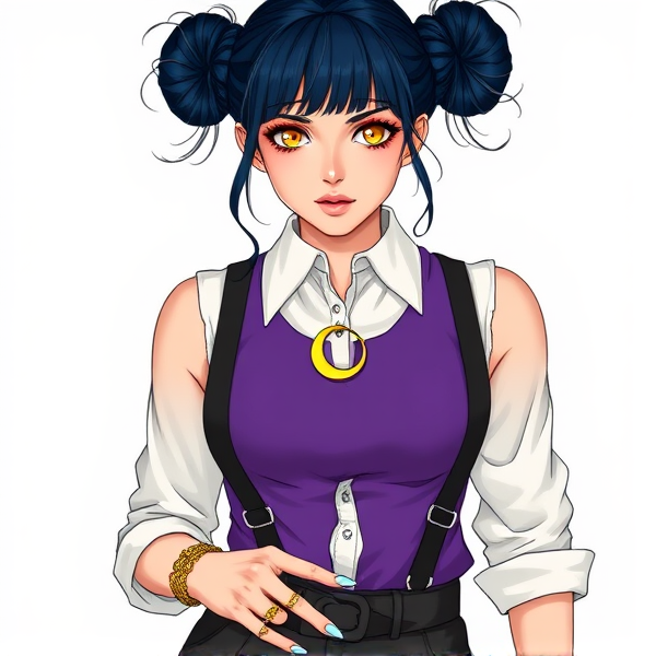 A woman with dark blue hair in space buns. She wears a white shirt with the sleeves rolled up underneath a purple tank vest. There is a crescent moon pin in the center of the vest neckline. She has piercing yellow eyes. She wears dark gray pants with dark gray suspenders hanging off to the side. She wears lots of golden rings