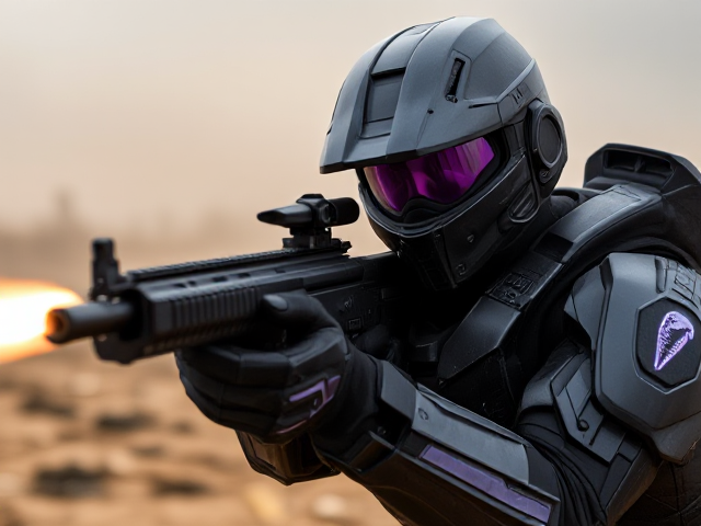 male. 8ft 2inches tall. purple eyes. wearing black and purple halo spartan mark 6 armor with a cobra symbol and purple visor. in the battlefield firing an assault rifle