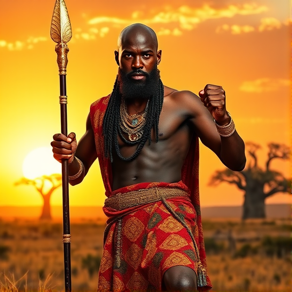 A majestic African warrior with light brown skin tone, shining bald head adorned with ceremonial gold leaf patterns, and a long, elaborately braided beard interwoven with small precious stones. He is dressed in opulent traditional tribal attire that consists of a vibrant red and gold patterned kente cloth draped over one shoulder, a matching loincloth, and intricate beadwork necklaces cascading across his broad chest. His muscular stature is accentuated by golden arm bands and leather wrist guards. The warrior stands tall atop a sun-kissed savannah hill, poised confidently with one leg slightly forward, as he grips a lavishly diamond-encrusted spear whose shaft is carved from rare ebony wood; the spearhead gleams in the sunlight reflecting his high status. His intense gaze pierces the horizon, embodying the spirit of his ancestors. In the background, an ancient baobab tree can be seen silhouetted against a breathtaking orange sunset sky.