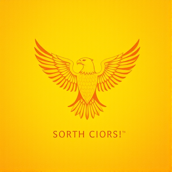 A yellow background a golden eagle in the middle