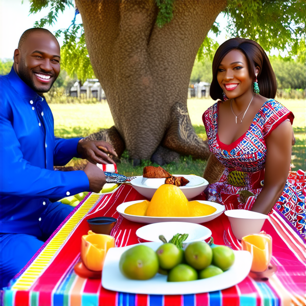 prompt: Un grand repas de famille traditionnel en plein air sous un baobab en Afrique, avec des plats locaux colorés et variés, des fruits exotiques, une grande nappe colorée, des hommes et femmes africains vêtus de tenues traditionnelles multicolores souriants et partageant un moment convivial