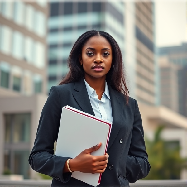 young African woman dressed in a stylish business suit, confidently holding a binder in her hands against an urban backdrop