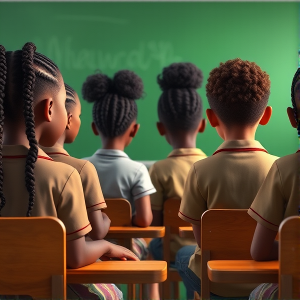 des filles noires de huit ans avec des tresses africaine et des garçons assis dans une classe face au tableau vert