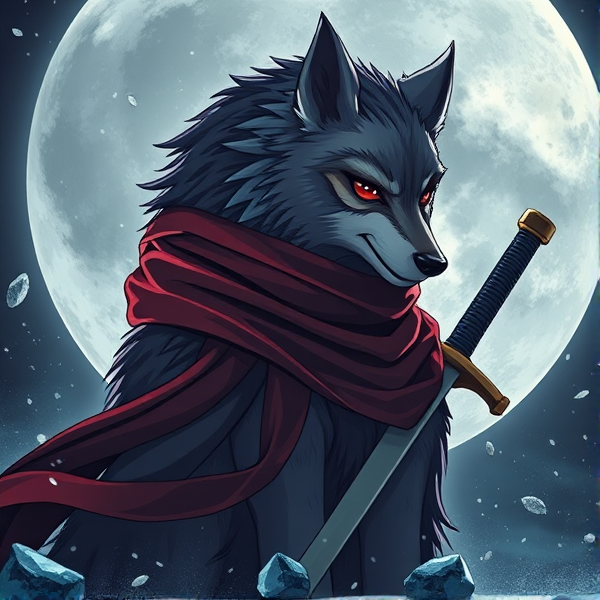 Loup roublard maitre de la lune avec un écharpe rouge autours du cou et avec deux épées dans le dos et il y a les yeux rouges
