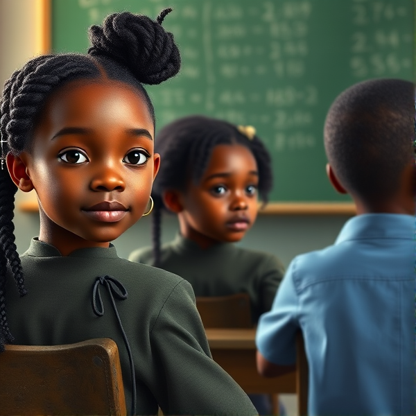 des filles noires de huit ans avec des tresses africaine et des garçons assis dans une classe face au tableau vert sur lequel il y a des calculs mathématiques