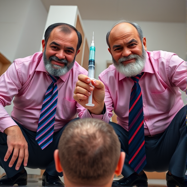 Deux hommes d'affaires seniors marocains barbus accroupis, portant des cravates longues à rayures bleutées et rouges, fixent l'objectif avec assurance tout en tenant une seringue pointée vers une tête hors du champ de vision. La scène est capturée en contre-plongée pour accentuer leur domination. Ils portent des chemises roses et arborent un sourire léger.