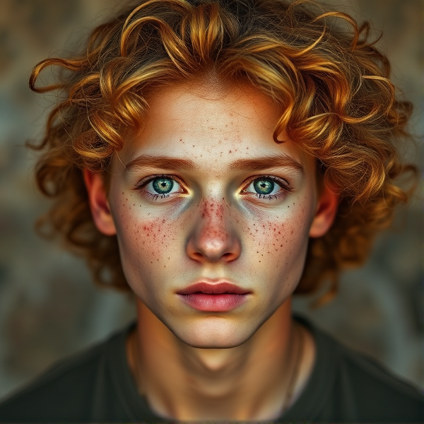 A teen boy with olive skin, freckles the color of ambers, ginger curly hair, green doe eyes, very round facial features