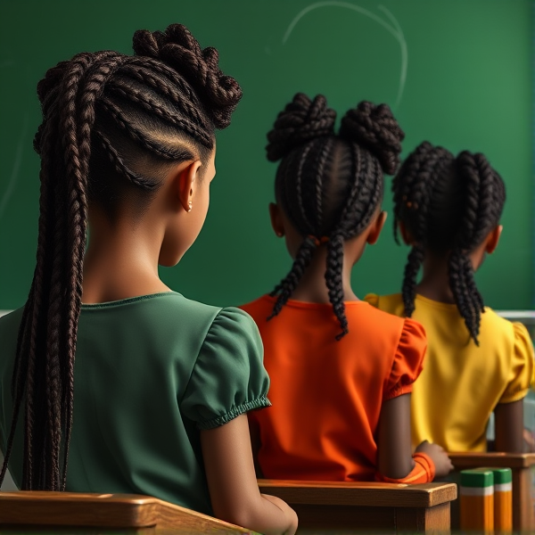 des filles noires de huit ans avec des tresses africaine et garçons assis dans une classe face au tableau vert