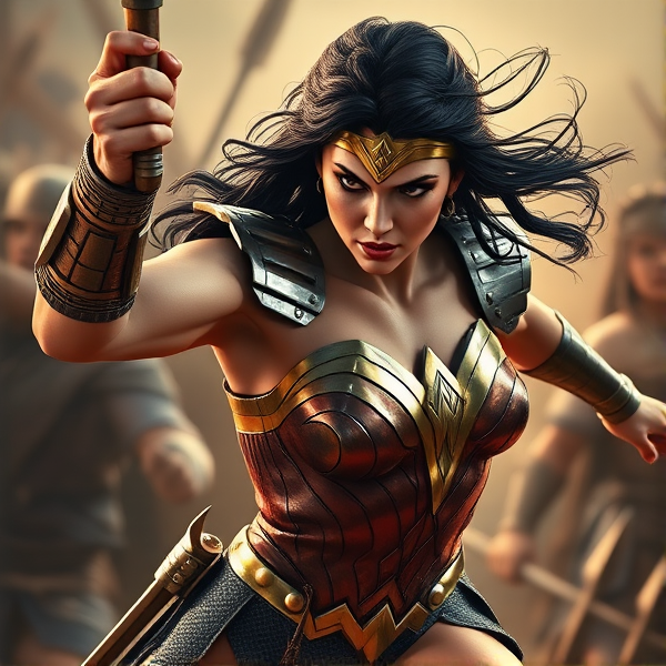 Wonder Woman en action dynamique de combat, image 3D ultra-réaliste avec des reflets métalliques sur son armure, muscles définis et tension visible dans ses gestes, visage concentré et yeux perçants reflétant l'intensité du moment, cheveux flottant avec un effet de mouvement naturel, le tout dans un environnement détaillé évoquant une scène épique de bataille antique, lumière dramatique mettant en valeur la texture et les motifs complexes de son costume et équipement fidèle au personnage original