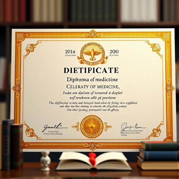 Prompt: Diplôme de médecine élégant avec des bordures dorées sophistiquées, un sceau officiel en relief, une typographie classique et claire sur un fond en parchemin texturé, le tout présenté dans un cadre académique avec des livres et des symboles éducatifs