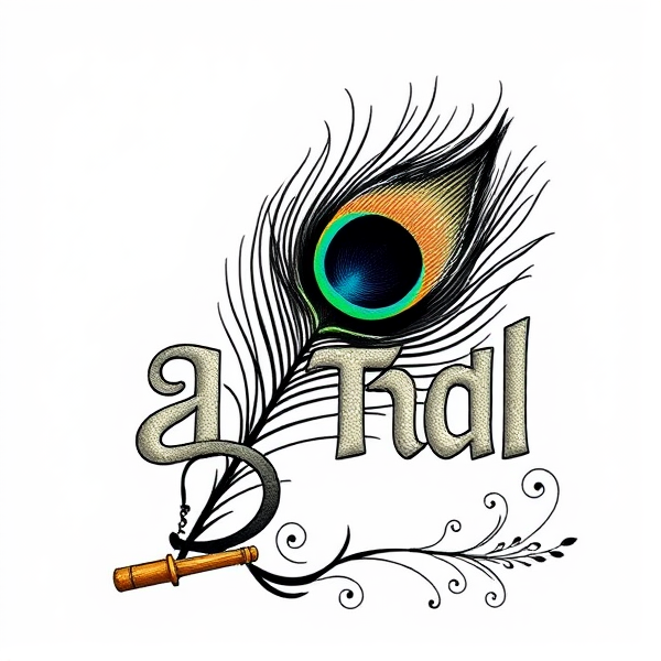 create an image with the Tamil 
word "கண்ணம்மா" beautifully integrated with a peacock feather, indian flute, and freehand designs.