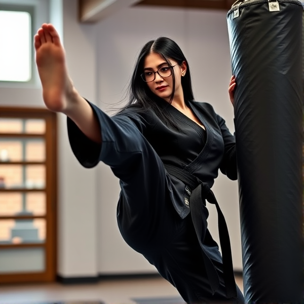 Elegant, svelte gothic woman in her 20s with long black hair and glasses, dressed in a tailored black karate gi adorned with a pristine black belt, skillfully executing a high kick against a heavy bag within the confines of a well-lit martial arts dojo