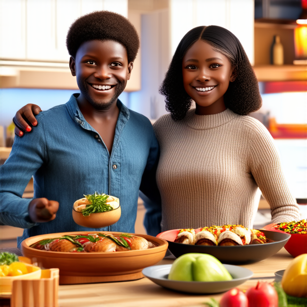 famille afro-américaine rayonnante de joie, posant pour un portrait avec de grands sourires, réunie autour d'une table de salle à manger impeccablement dressée avec divers plats savoureux et colorés, dans une cuisine spacieuse aux touches contemporaines et éclairage chaleureux