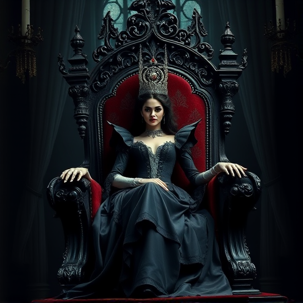 Majestic vampire queen seated on an ornate Gothic throne, regal and menacing, with elegant Victorian attire and blood-red eyes, in a dimly-lit castle chamber draped in velvet and shadows