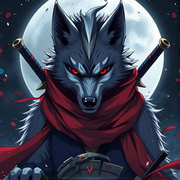 Loup roublard maitre de la lune avec un écharpe rouge autours du cou et avec deux épées dans le dos et il y a les yeux rouges