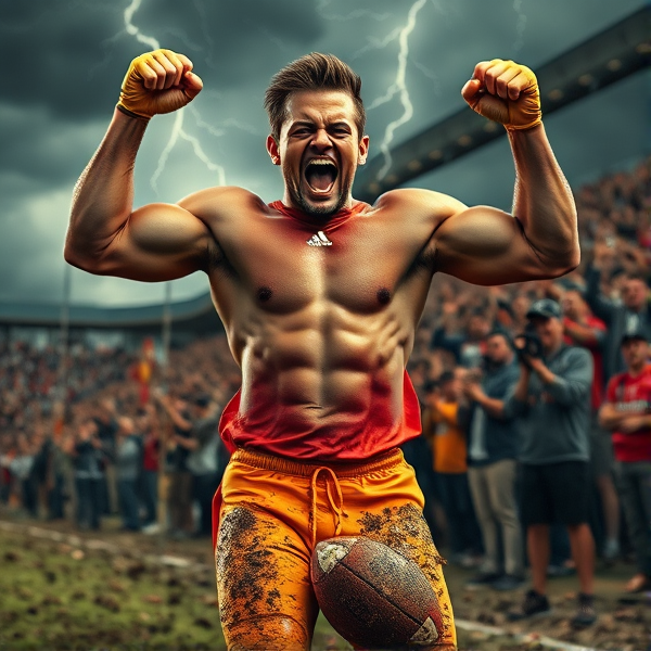 Gagnant triomphant de football, avec un regard intense et furieux, célébrant une victoire éclatante, muscles définis et en évidence, portant un maillot imbibé de sueur qui colle à la peau, fond dynamique d'un ciel orageux avec des éclairs frappants symbolisant le succès retentissant, foule exubérante en arrière-plan criant et applaudissant dans les gradins, ballon couvert de boue reposant au sol à ses pieds.Une image parfaite