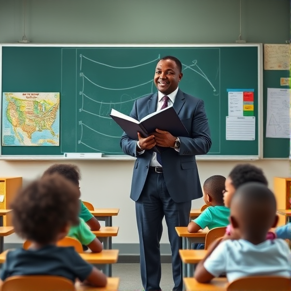 Directeur d'école afro-américain debout tenant un classeur ouvert dans ses mains portant un costume formel, dans une salle de classe avec un tableau vert, s'adressant  à un groupe d'élèves afro-américaines attentives de huit ans assises à leurs pupitres. Ils sont entourés de matériel pédagogique adapté à leur âge, comme des cartes géographiques, des affiches éducatives et des dessins d'enfants accrochés aux murs. La scène dégage une atmosphère chaleureuse et encourageante.