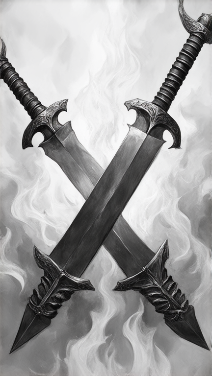 Trois épées croisées en leur centre et représentant chacune un élément, une de feu, une de terre, et une de vent . L'épée représentant l'élément du feu est placée verticalement. L'épée représentant l'element de la terre doit avoir une touche féminine. Les épées sont de style médiéval européen et ont leur pommeau vers le haut et de manière géométrique.