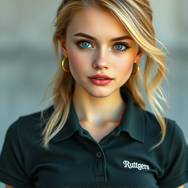 Photorealistic portrait of a youthful, naturally beautiful 19-year-old woman with blonde hair styled softly to convey an effortless appearance. Her bright blue eyes are accentuated by thick black lashes and her face is framed by a heart-shaped countenance. A delicate scattering of light freckles embellishes her nose, adding charm to her front-facing pose. She dons a dark green-gray polo shirt, the fabric clinging just enough to suggest a slender figure without being tight, featuring subtle white embroidery that spells "Ruttgers" over the left chest area. This is paired with a tasteful black mini skirt that enhances her chic yet simple style. Small gold hoop earrings add a modest touch of elegance to complete the image which embodies youthful grace and an air of simplicity.