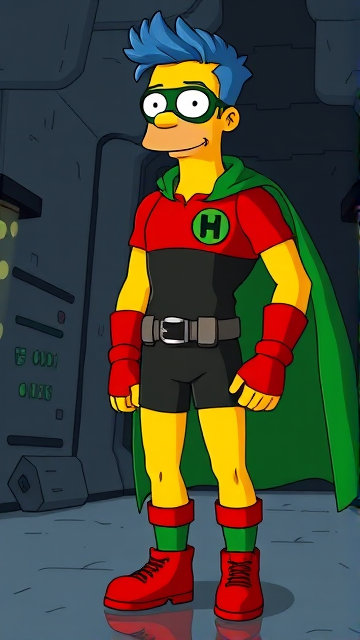 Milhouse Van Houten from The Simpsons, with his yellow skin, really big round nose, and blue hair that's slicked back and curled up at the top, but as a tall, 18-year old teenager, dressed as a parody of Robin, The Boy Wonder, with an extremely muscular torso and arms, a dark green bodysuit with a red torso adorned with a green H symbol on his chest, a grey utility belt, red boots, red long-cuffed gloves, a big, heel-length long, ultra-wide green cape, and a green eye mask with optical lenses in it, now known as Houseboy, The Nerd Wonder, the other half of Springfield's Dynamic Duo, and one of the greatest vigilante superheroes ever known in Springfield. He is currently standing in his secret high-tech underground lair, ready for action.