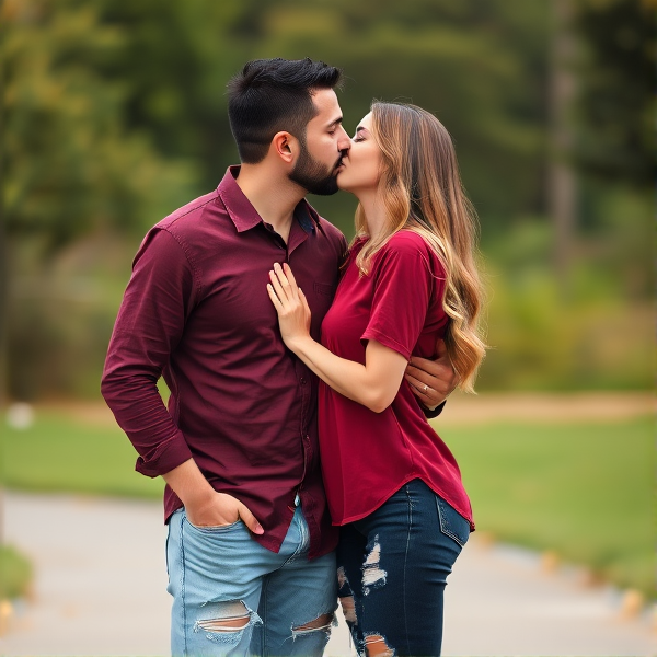 Man and woman kissing. Both wearing a maroon shirt with ripped jeans