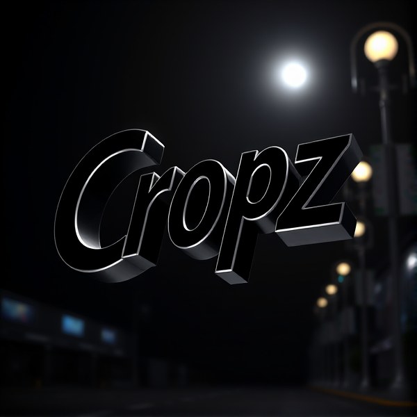 A highly detailed, high-contrast black and white 3D logo featuring the stylish, sans-serif, bold font word "Cropz" jumping out of a dark background, illuminated by a dramatic ring light that accentuates the model's curved, futuristic edges and smooth, metallic surfaces, evoking a sense of excitement and dynamism, rendered in a vivid, vibrant, high-gradation style reminiscent of Pixar animation, with crisp, sharp lines and geometric shapes, created using the powerful tools of Unreal Engine, Octane Engine, and V-Ray, with an overall aesthetic that is exaggerated, surreal, and eye-catching, taking inspiration from sci-fi and futuristic design.