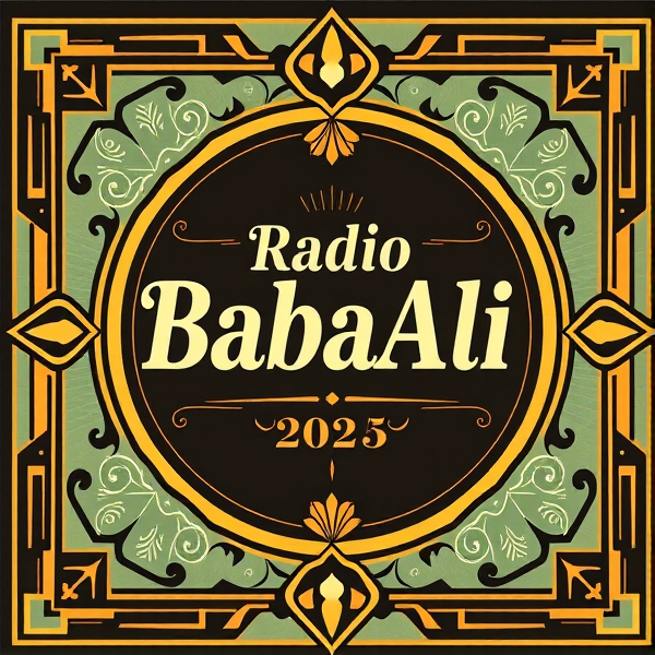 Affiche au style art déco vintage, avec l'inscription centrale "Radio BabaAli" en typographie raffinée et élégante. Bordée de motifs géométriques symétriques typiques des années 2024 et agrémentée d'éléments décoratifs rétro. Palette de couleurs vives avec un contraste marqué pour une allure classique et intemporelle.