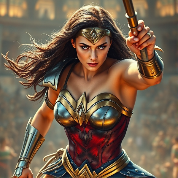 Wonder Woman au sommet de son élan combatif, représentée dans un style hyper-réaliste qui approche la perfection photographique, avec des reflets lumineux spectaculaires et un jeu d'ombre sur une armure métallique finement ciselée. L'armure doit afficher des nuances subtiles du métal et refléter un éclat réaliste. Les muscles de Wonder Woman sont définis avec précision pour souligner la force explosive de ses mouvements, qui doivent être fluides tout en véhiculant une tension indiquant l'urgence du combat. Son visage exprime une concentration imperturbable, accentuée par des yeux bleus perçants qui transmettent la détermination du guerrier. Ses cheveux ondulent naturellement comme portés par un vent invisible, contribuant à l'effet dynamique de l'image. L'arrière-plan est celui d'une arène mythologique aux textures riches et complexes, rappelant les grandes batailles antiques. Un éclairage précis met en valeur la complexité des textures et motifs de son costume bleu et rouge ainsi que ses accessoires authentiques pour incarner fidèlement l'esprit héroïque du personnage légendaire.