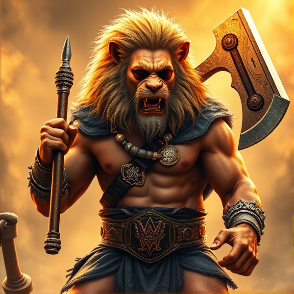 Un Lion barbare dieux du soleil une hache comme Léo escanor, avec des poils de lion et une carrure imposante et avec la ceinture de LA KNIGHT le catcheur et ces lunettes de soleil et sa veste
