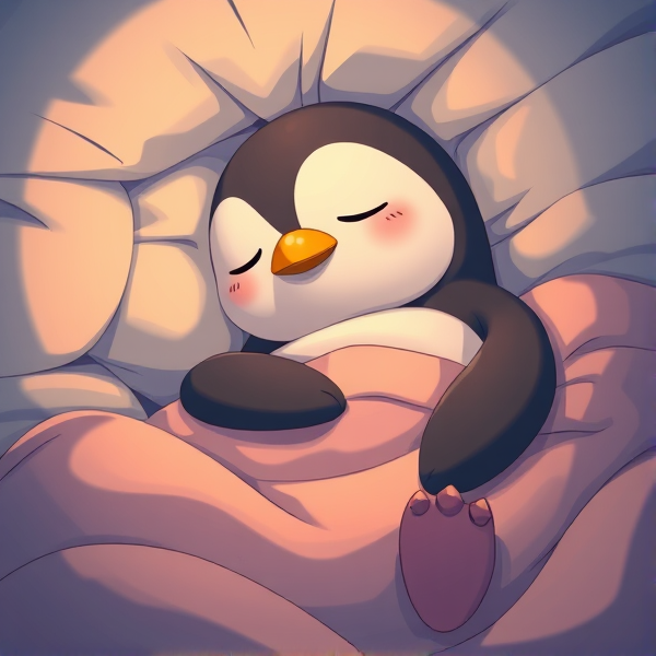 Pingouin qui dort dans un lit avec une couverture