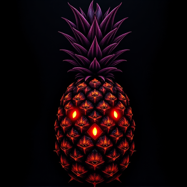 Conception d'un logo sophistiqué mettant en vedette un ananas aux couleurs délicates et graduelles d'orange, jaune et rose. L'ananas est élaboré dans un style gothique saisissant pour créer une atmosphère sombre et puissante. Ce fruit est orné de motifs victoriens complexes et finement travaillés, intégrant discrètement des symboles ésotériques comme le pentacle et l'œil d'Horus au sein de son décor riche en détails. La texture évoque le cuir noir de luxe, avec des épines précises et tranchantes qui renforcent l'impression menaçante du logo. Des yeux incrustés dans l'ananas brillent d'une lumière rouge profonde, conférant à l'image une aura maléfique distincte. Le design global doit capturer la sophistication d'une époque victorienne mystérieuse avec des touches occultes subtiles destinées à séduire un public exigeant.