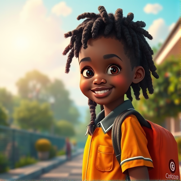 Jeune écolière africaine de huit ans, coiffée de tresses africaines serrées, souriante, portant un uniforme d'école coloré et tenant un cartable robuste sur le chemin de l'école sous un ciel clair matinal