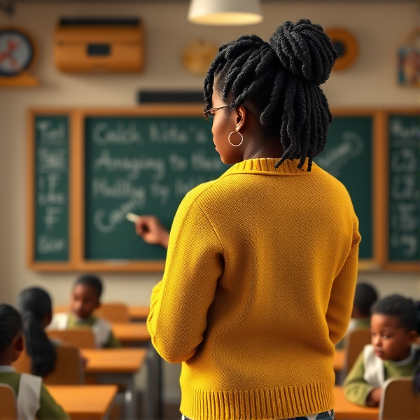 Une enseignante noire âgée de quarante ans coiffée de tresses africaines traditionnelles, portant un pull jaune  se tient le dos tourné en train d'y écrire à la craie blanche au tableau dans une salle de classe avec des élèves noires agés de huit ans.