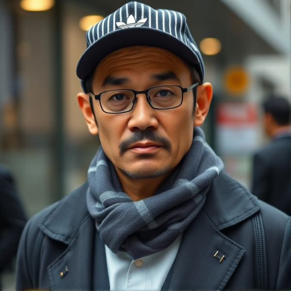 Homme d affaires japonais agé , accroupis avec une casquette adidas  et trois lignes sur la visiere de la casquette  , une longue cravate rayée,  avec un regard furieux  , victorieux
