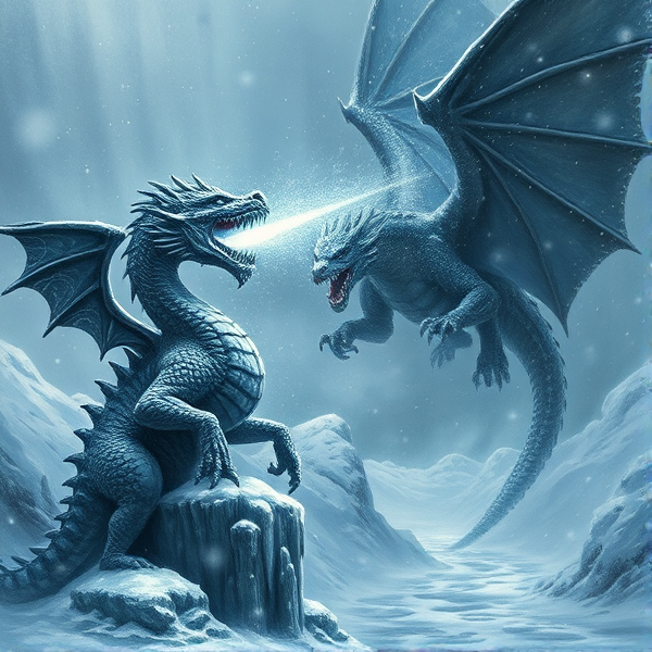 Dark fantasy painting, an intricately carved ice dragon statue stands fiercely, emitting a powerful beam of ice from its open beak, directed towards a majestic, five-headed dragon, Tiamat, soaring amidst the chaos of a raging blizzard storm, with snow and wind swirling around the scene