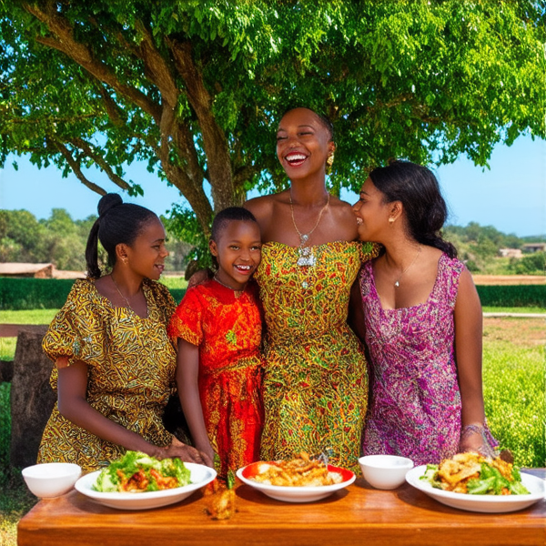 Famille nombreuse souriante réunie autour d'une table rustique en bois garnie de plats traditionnels africains, sous un ciel bleu dans un cadre champêtre avec des arbres et une végétation luxuriante, portant des vêtements africains colorés et variés, échangeant des rires et des conversations chaleureuses